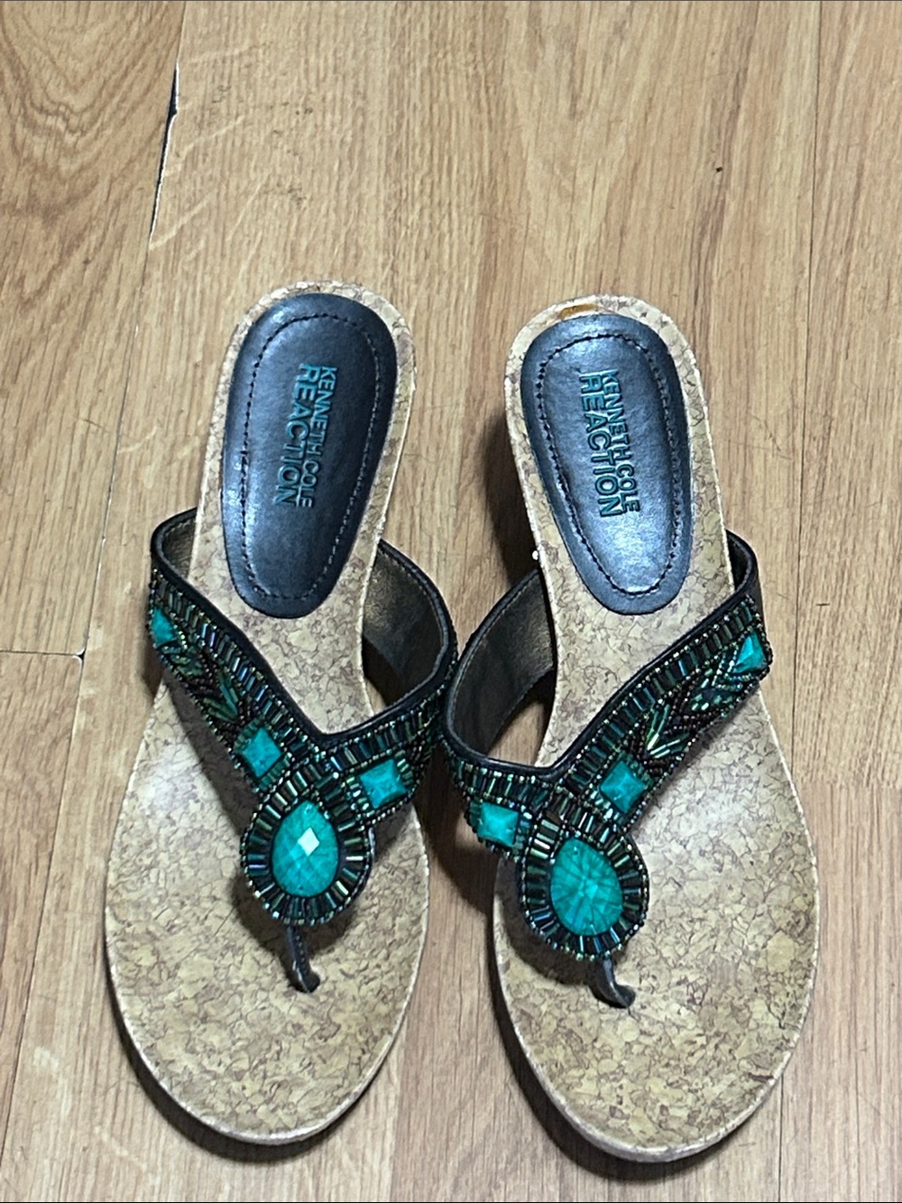 Kenneth Cole Reaction Teal Beaded Cork Wedge Sandals - Women Size 6 Medium